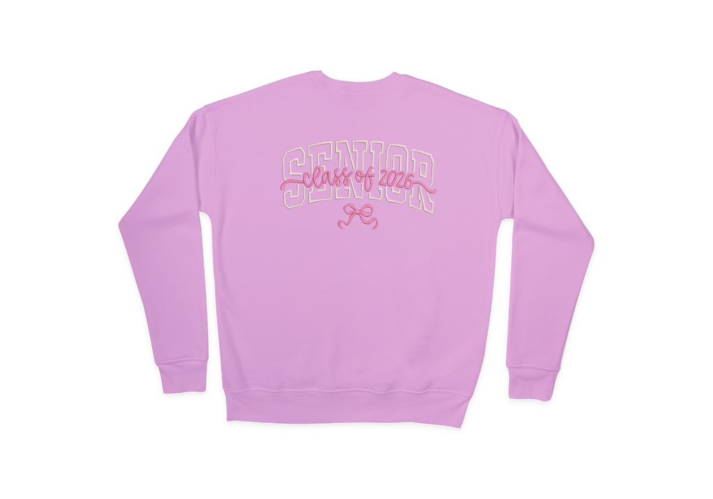Senior Pink Embroidered Campus Lettering Crewneck